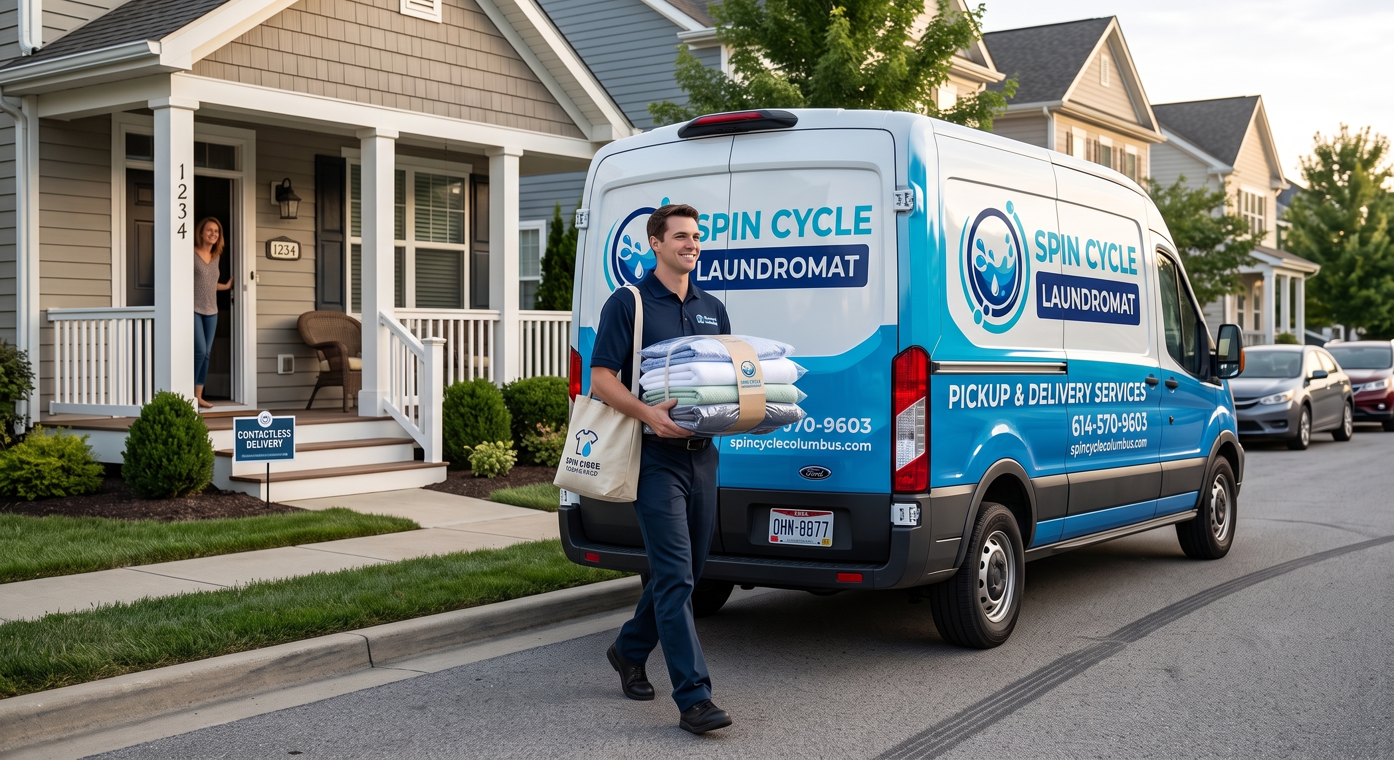 Spin Cycle Laundromat delivery van displaying phone number 614-570-9603, offering residential and commercial laundry pickup in Columbus and Reynoldsburg OH.